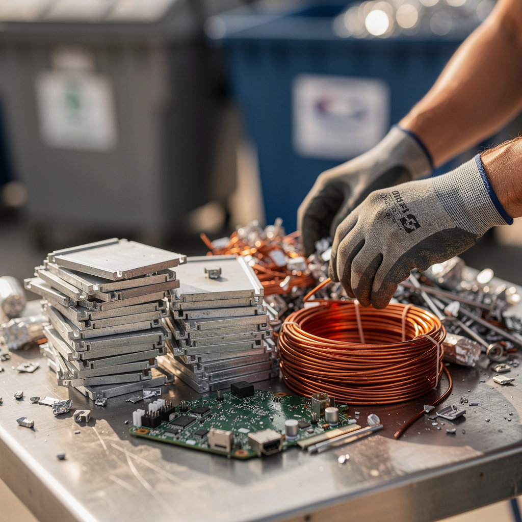 American Recycling San Diego team sorting various metals and electronics at our San Diego recycling facility